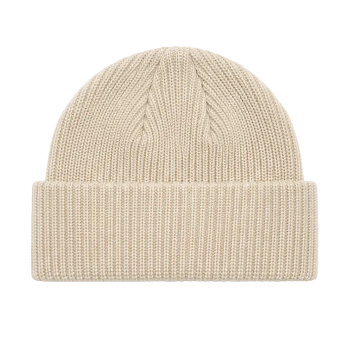 A beige ribbed knit beanie hat with a folded cuff, shown against a plain white background.