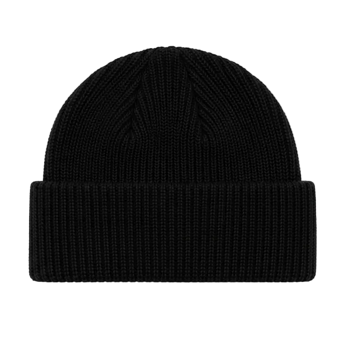 A classic black ribbed knit beanie hat with a folded cuff, shown flat against a clean white background.